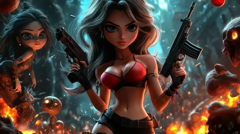 Saheb88 action gaming woman with weapons and cartoon characters