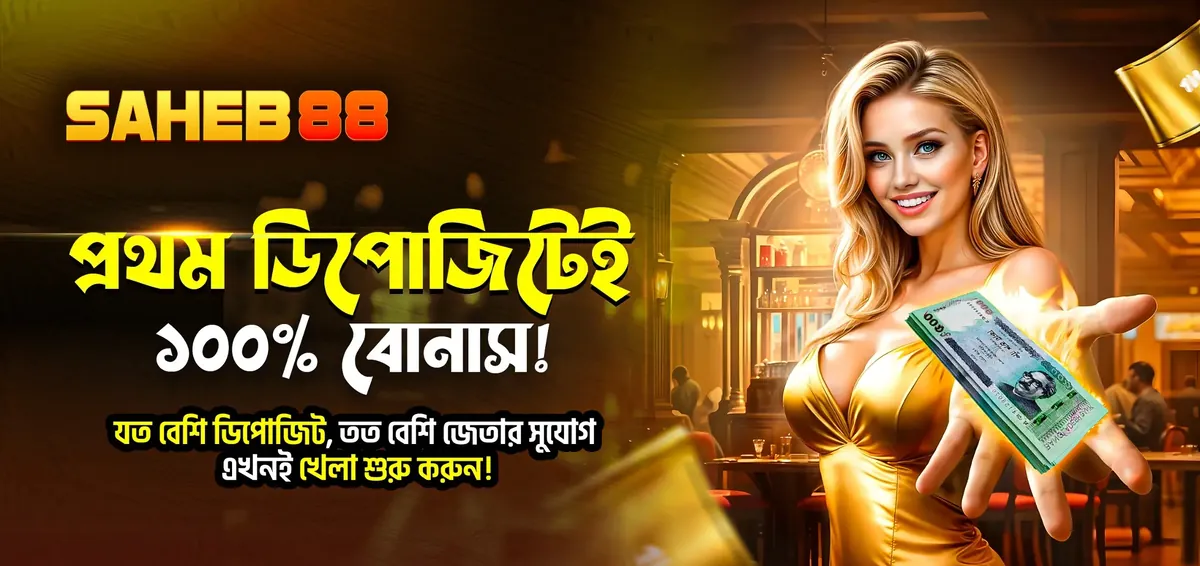 Saheb88 100% first deposit bonus offer with blonde woman holding cash in luxurious casino setting - Bengali promotional banner